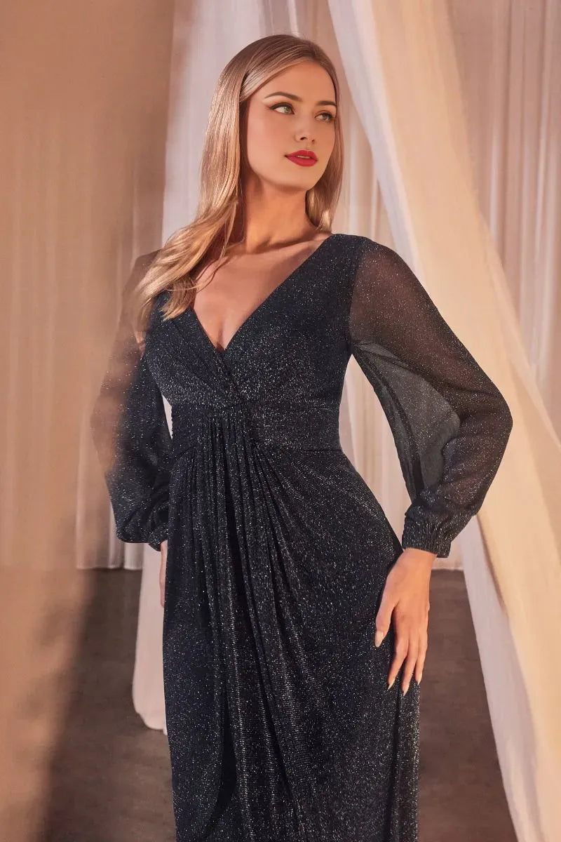 Robe Weitese A-line col en V élégante robe de bal formelle dos en V manches longues balayage/pinceau traîne robe de soirée pailletée